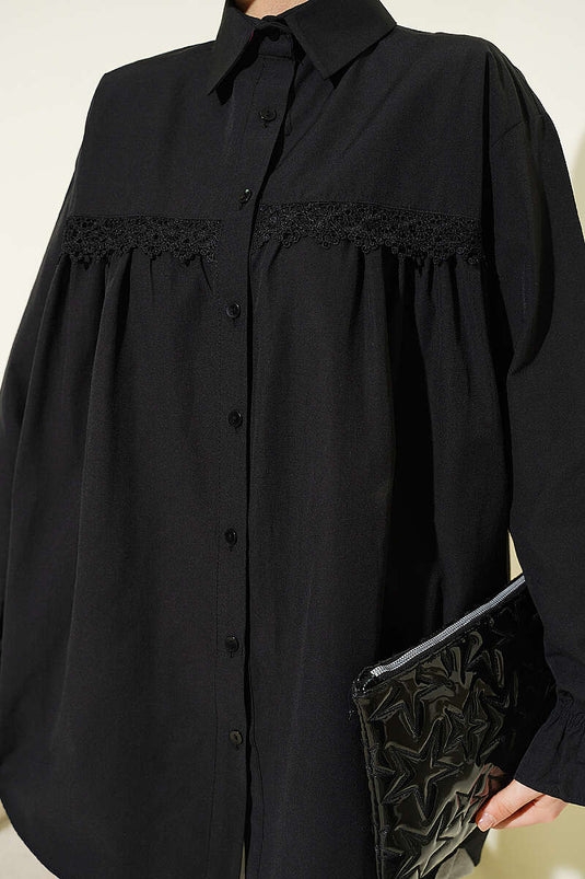 Black Poplin Shirt with Lace Yoke