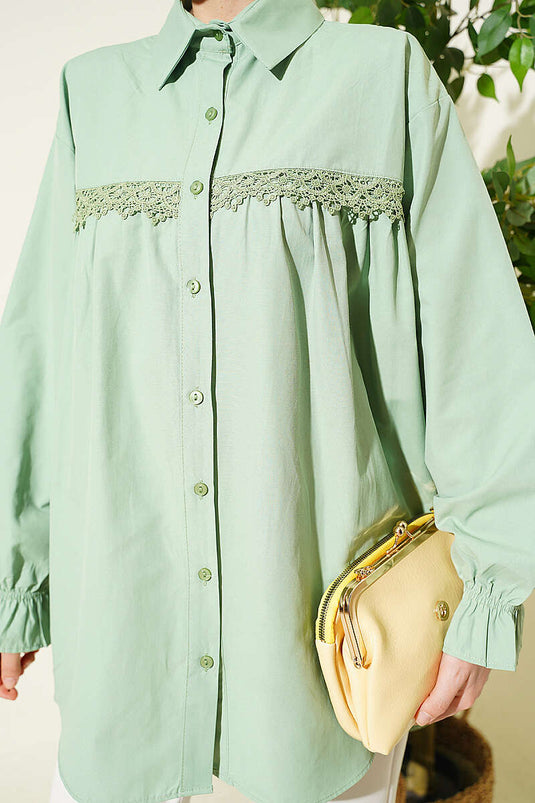 Poplin Shirt with Lace Yoke Green