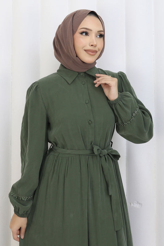 Rose Belted Half-Button Dress Khaki