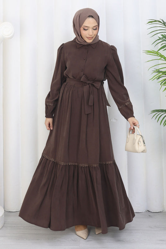 Rose Belted Half-Button Dress Brown