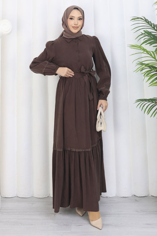 Rose Belted Half-Button Dress Brown
