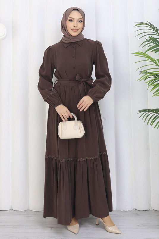 Rose Belted Half-Button Dress Brown
