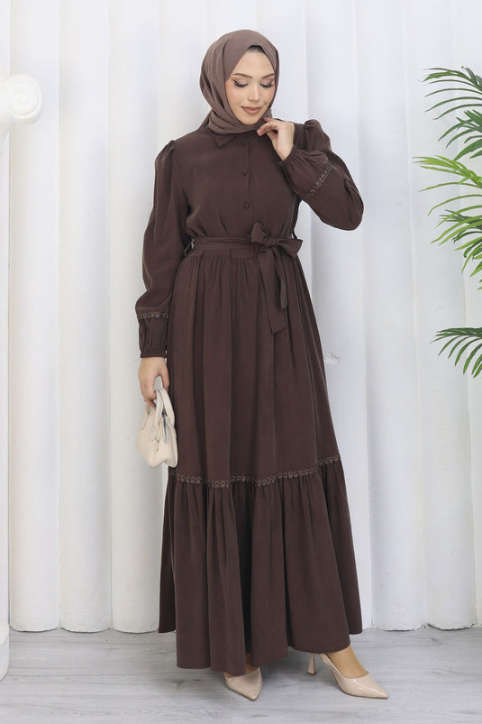 Rose Belted Half-Button Dress Brown