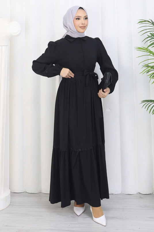 Rose Belted Half-Button Dress Black