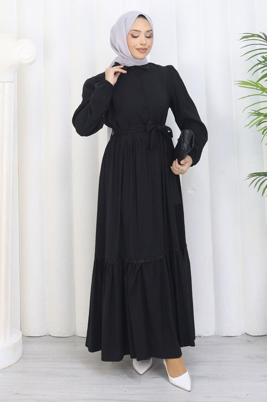 Rose Belted Half-Button Dress Black