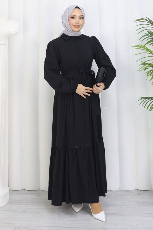 Rose Belted Half-Button Dress Black