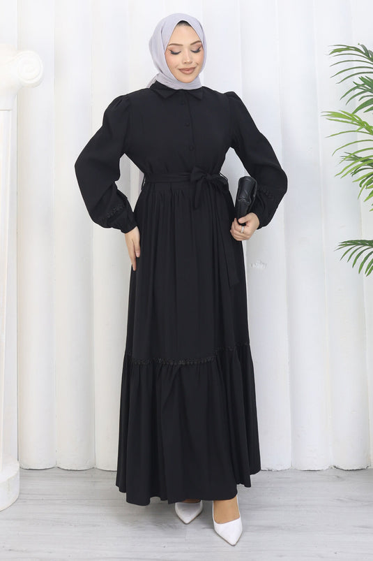 Rose Belted Half-Button Dress Black