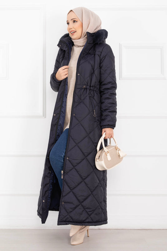 Royal Kapitone Cappotto Imbottito Lungo con Cappuccio in Pelliccia Blu Scuro