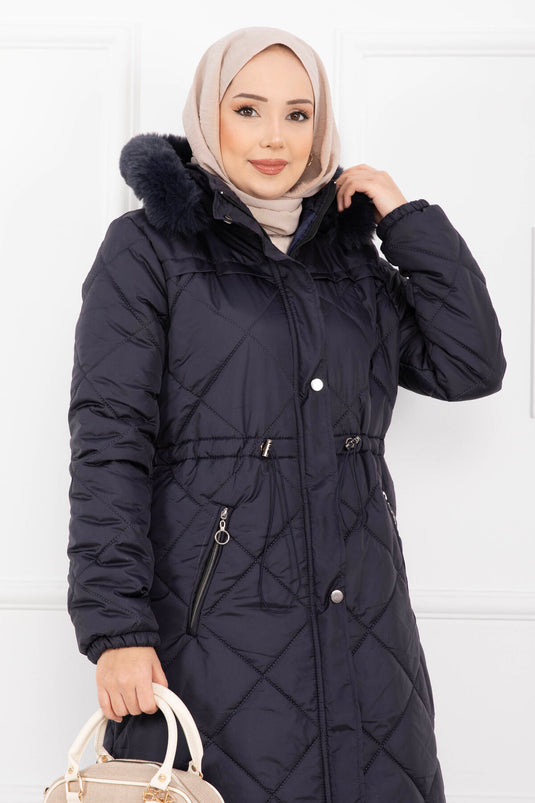 Royal Kapitone Cappotto Imbottito Lungo con Cappuccio in Pelliccia Blu Scuro