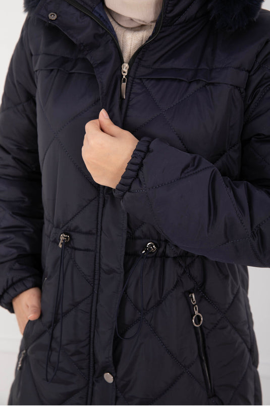 Royal Kapitone Cappotto Imbottito Lungo con Cappuccio in Pelliccia Blu Scuro