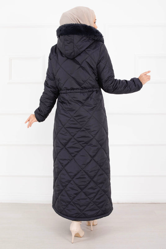 Royal Kapitone Cappotto Imbottito Lungo con Cappuccio in Pelliccia Blu Scuro