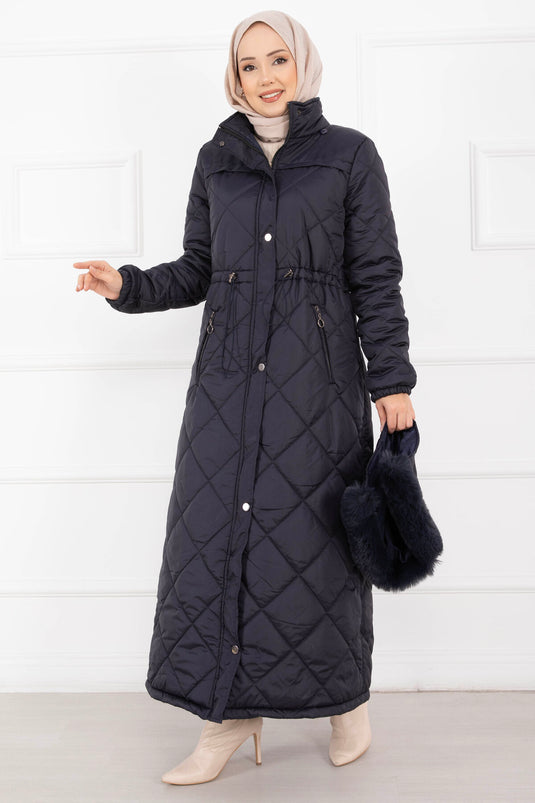 Royal Kapitone Cappotto Imbottito Lungo con Cappuccio in Pelliccia Blu Scuro