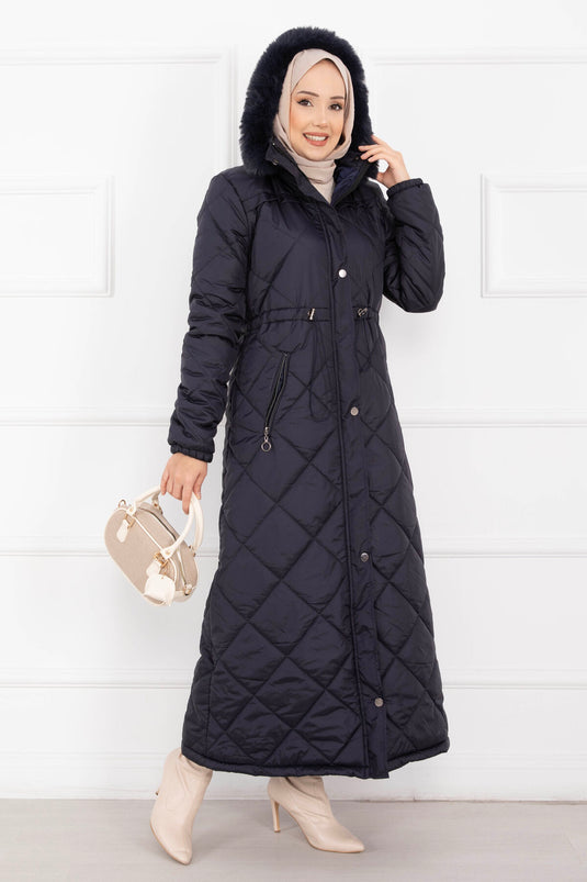 Royal Kapitone Cappotto Imbottito Lungo con Cappuccio in Pelliccia Blu Scuro