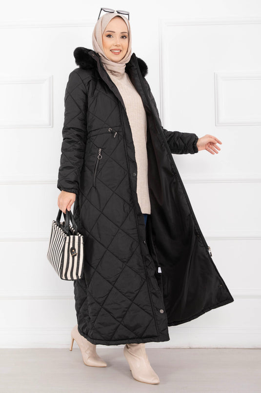 Manteau long matelassé à capuche en fourrure Royal Kapitone noir