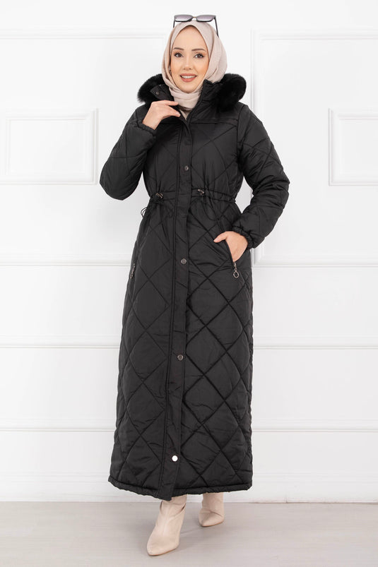 Manteau long matelassé à capuche en fourrure Royal Kapitone noir