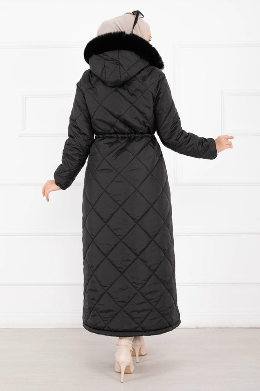Manteau long matelassé à capuche en fourrure Royal Kapitone noir