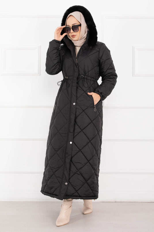 Manteau long matelassé à capuche en fourrure Royal Kapitone noir