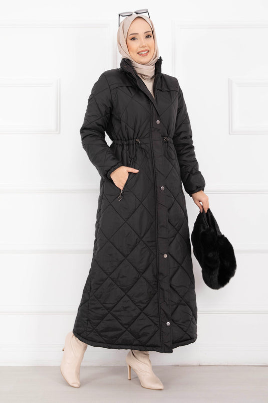 Manteau long matelassé à capuche en fourrure Royal Kapitone noir