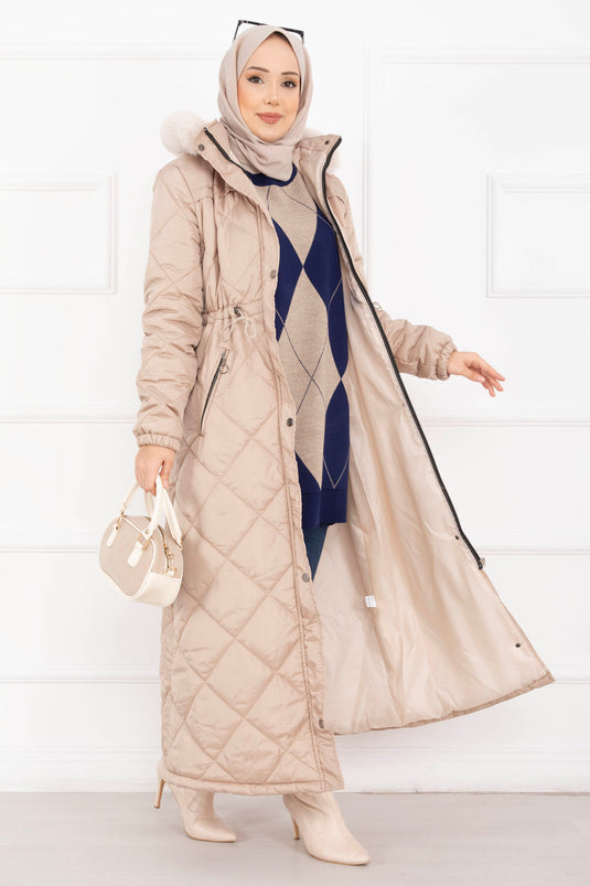 Royal Kapitone Kürk Kapüşonlu Uzun Şişme Mont Vizon