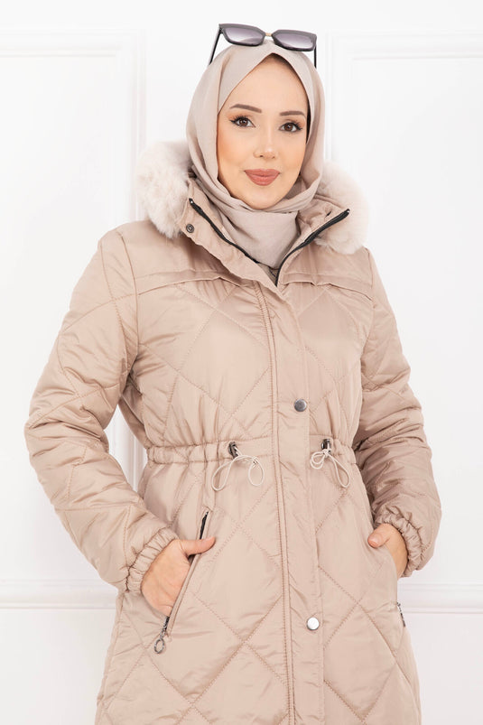 Royal Kapitone Kürk Kapüşonlu Uzun Şişme Mont Vizon