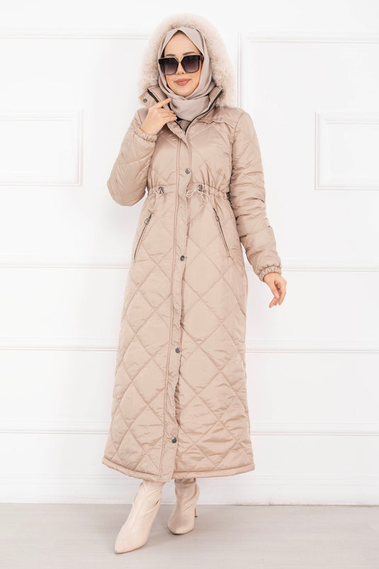 Royal Kapitone Kürk Kapüşonlu Uzun Şişme Mont Vizon