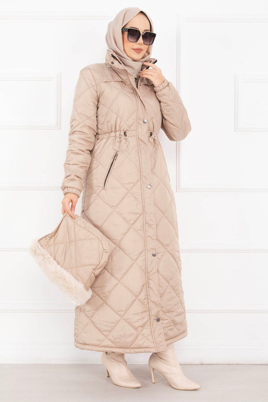 Royal Kapitone Kürk Kapüşonlu Uzun Şişme Mont Vizon