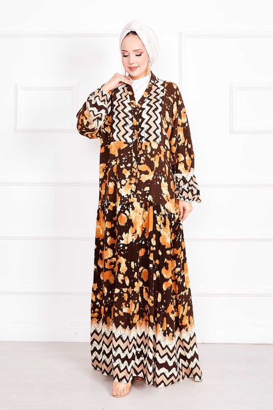 Dream Pattern Half Buttoned Hijab Dress Brown