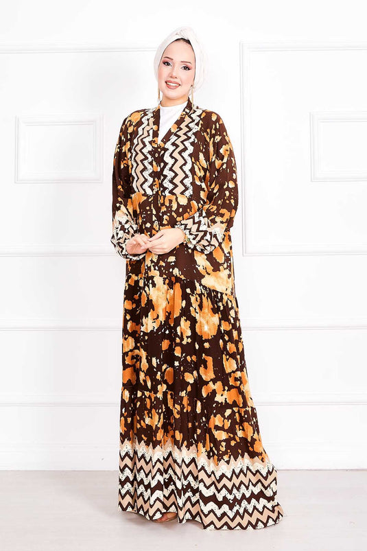 Dream Pattern Half Buttoned Hijab Dress Brown