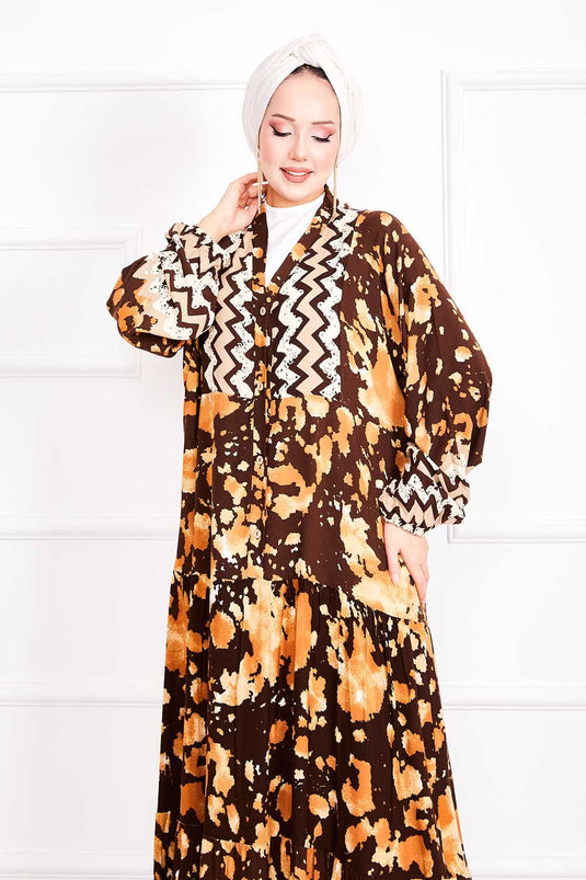 Dream Pattern Half Buttoned Hijab Dress Brown