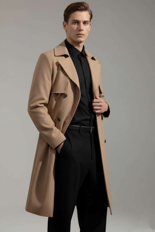 Trench-coat homme avec coupe-vent et ceinture, couleur camel