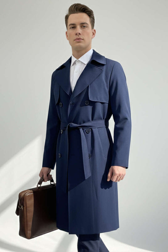 Rüzgarlıklı Kuşaklı Erkek Trençkot Lacivert