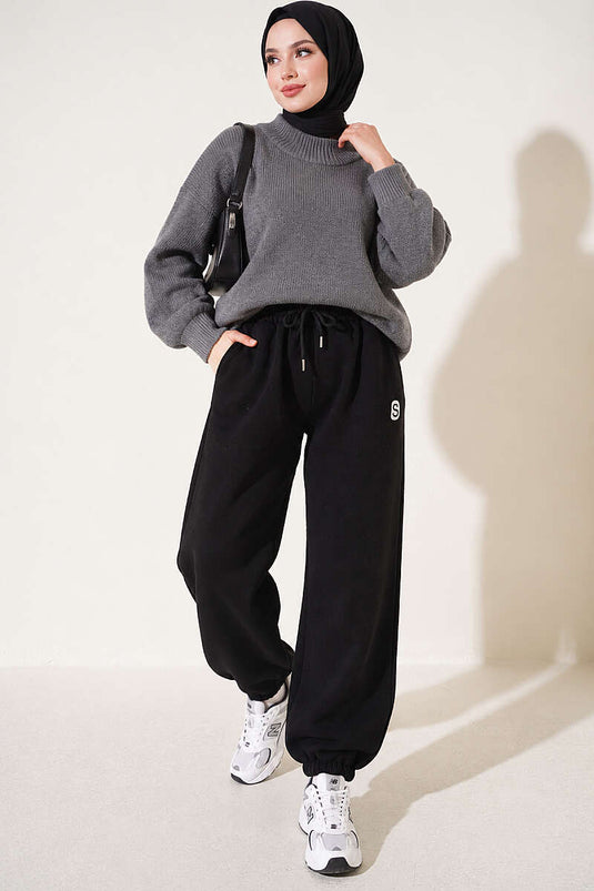 S Armalı Şardonlu Jogger Pantolon Siyah