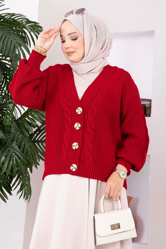 Rote Strickjacke Mit Haarzopf-Muster Und Knöpfen