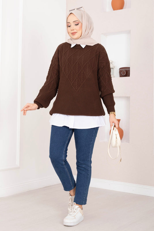 Trui met vlechtpatroon in bruin