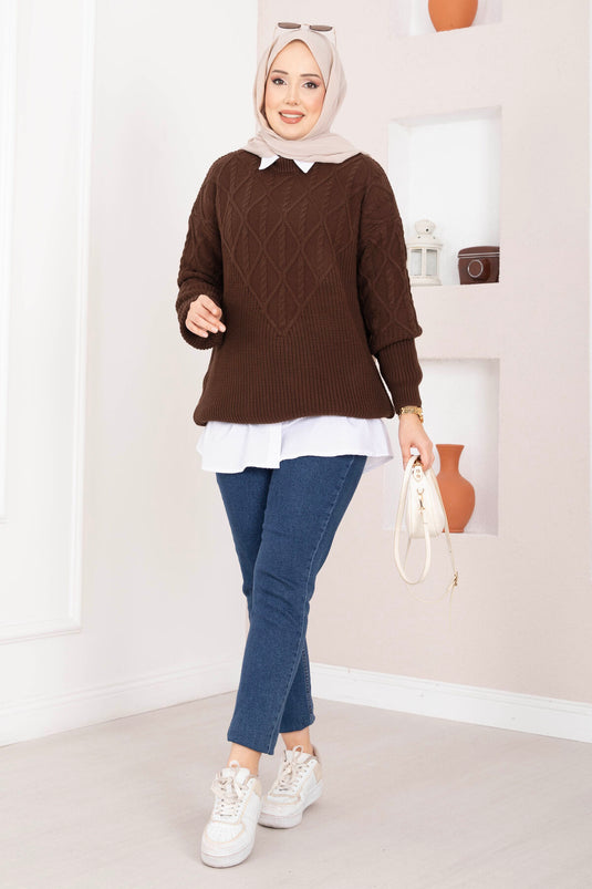 Trui met vlechtpatroon in bruin