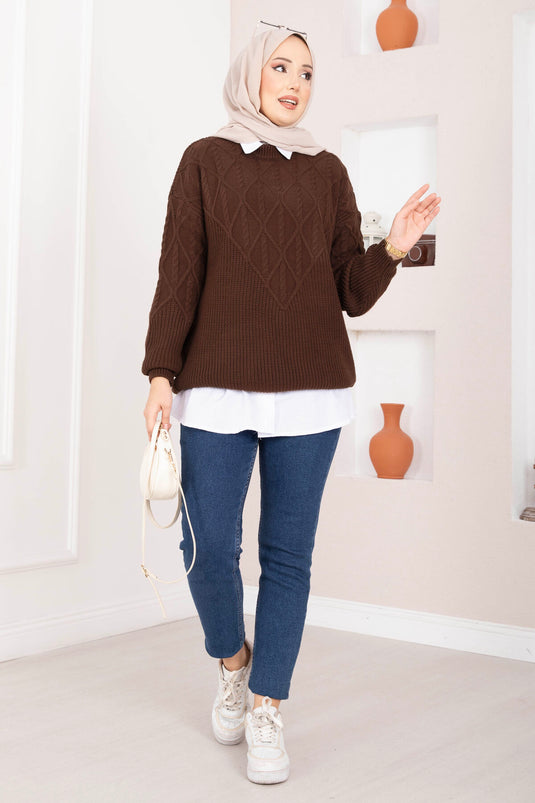 Trui met vlechtpatroon in bruin