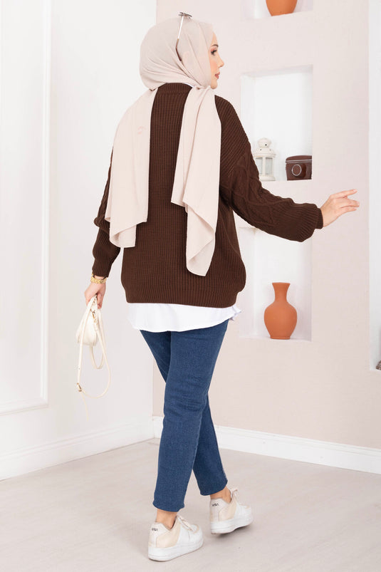 Trui met vlechtpatroon in bruin