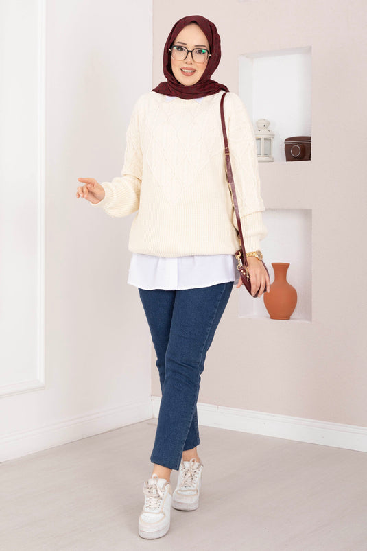 Saç Örgü Desenli Triko Kazak Krem