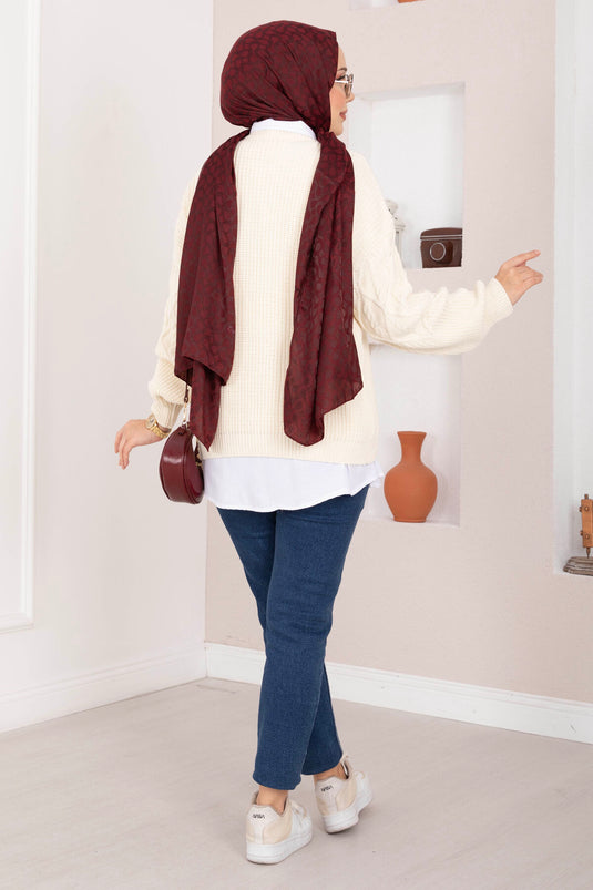 Saç Örgü Desenli Triko Kazak Krem