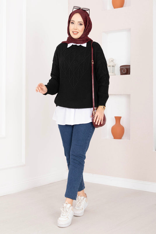 Saç Örgü Desenli Triko Kazak Siyah