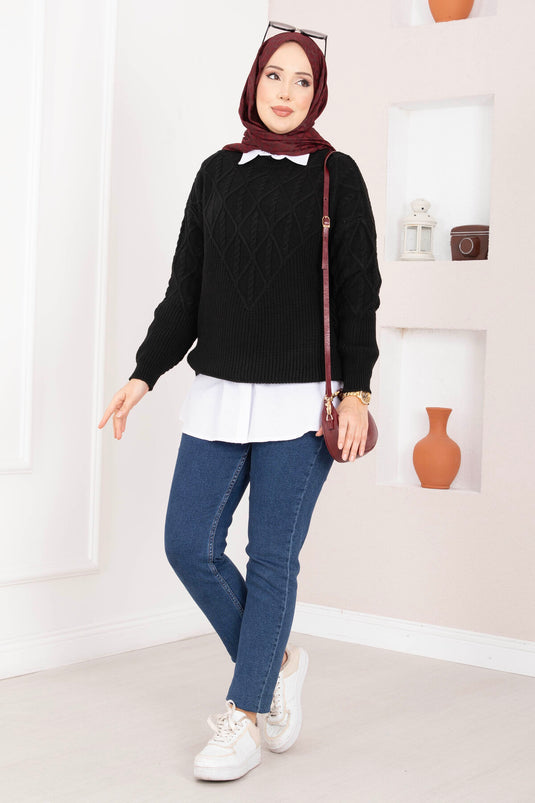Saç Örgü Desenli Triko Kazak Siyah