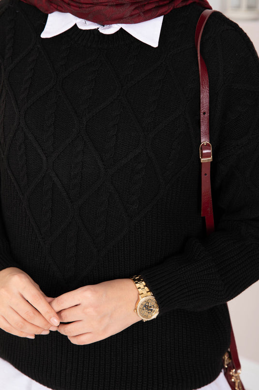 Saç Örgü Desenli Triko Kazak Siyah