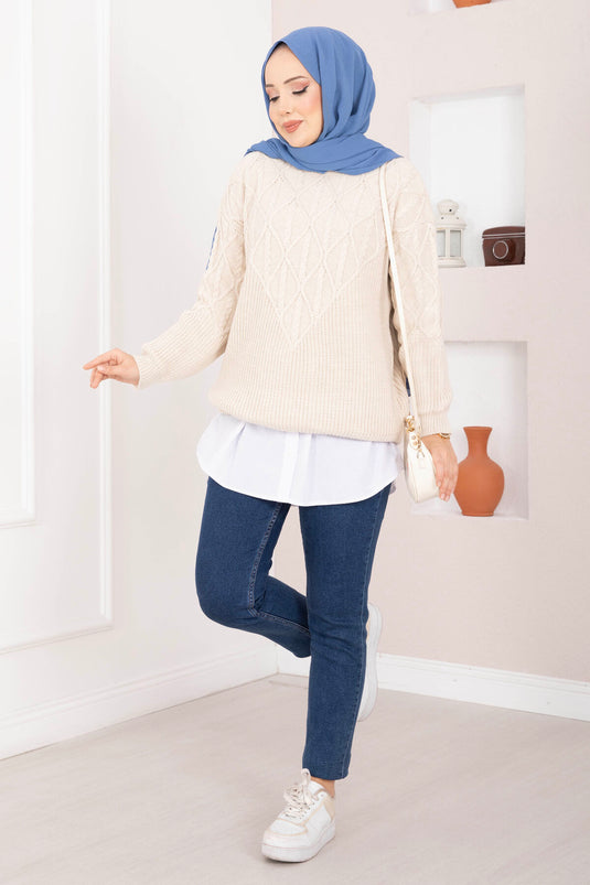 Maglione in maglia con motivo a treccia e pietra