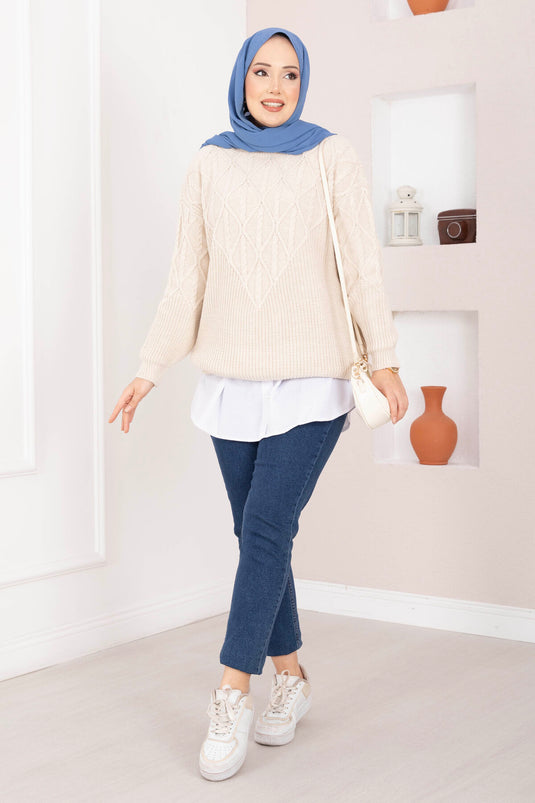 Maglione in maglia con motivo a treccia e pietra