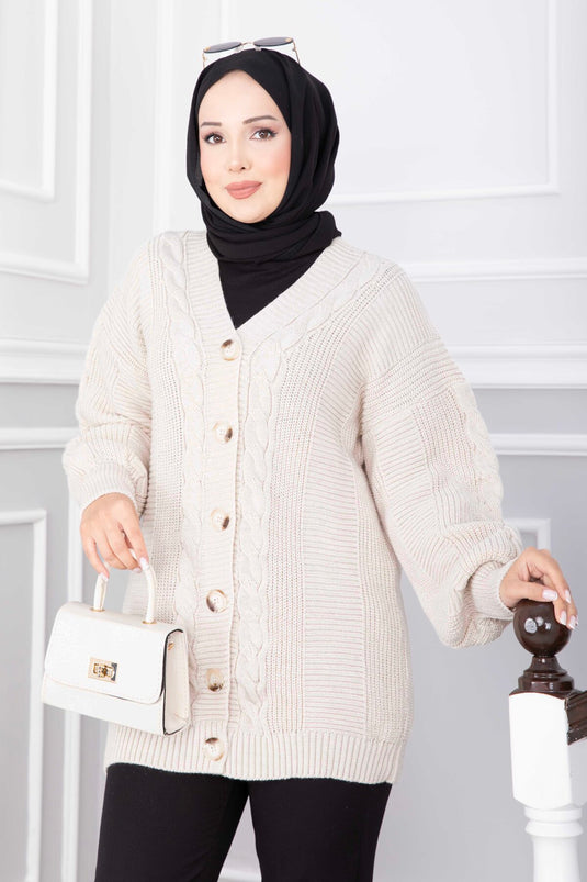Beige Strickjacke Mit Haarzopf Und Knöpfen