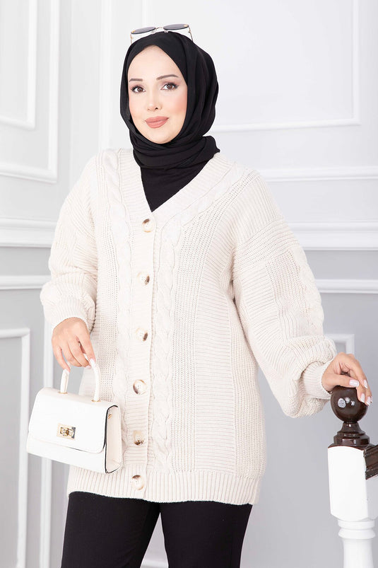Ecru Strickjacke Mit Haargeflecht-Knopf-Details
