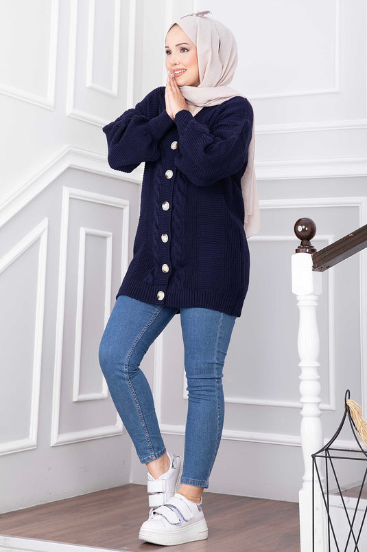 Navy Blauer Strick-Cardigan Mit Haarzopf Und Knöpfen