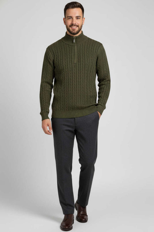 Pull en maille kaki avec détail de tresse et fermeture éclair