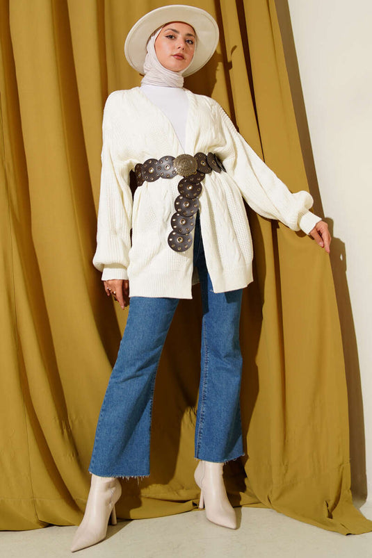 Saç Örgü Detaylı Hırka Ekru