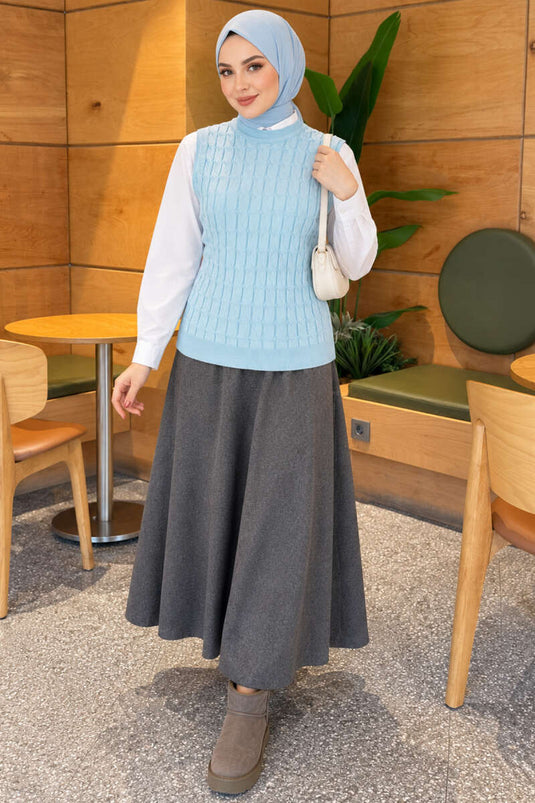 Baby Blue Knit Sweater With Hair Braided Detail